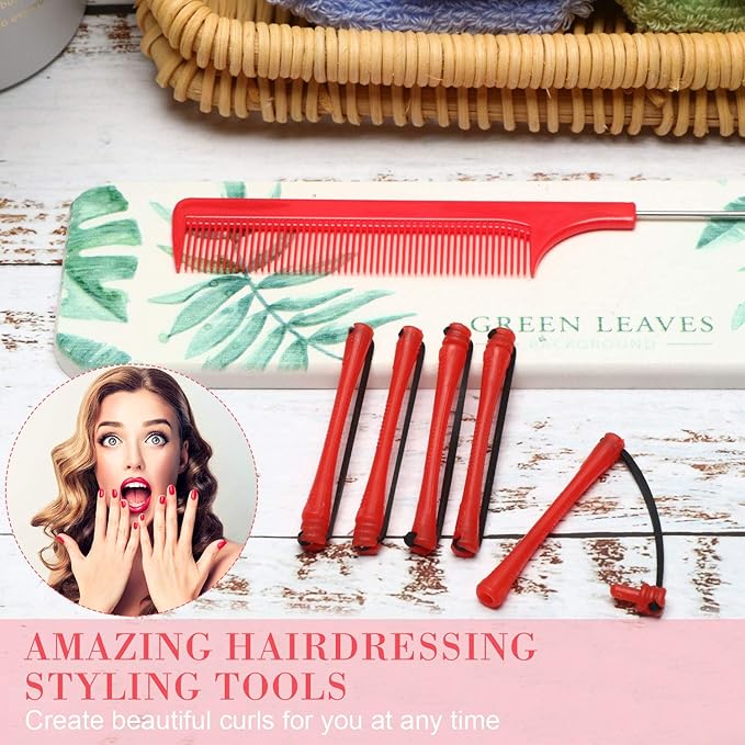 48 Pieces Hair Perm Rods Short Cold Wave Rods Plastic Perming Irons Hair Curling Rollers Curlers with Steel Pintail Comb Rat Tail Comb for Hairdressing Styling Supplies(0.2 Inch,Red)-Velvo Beauty
