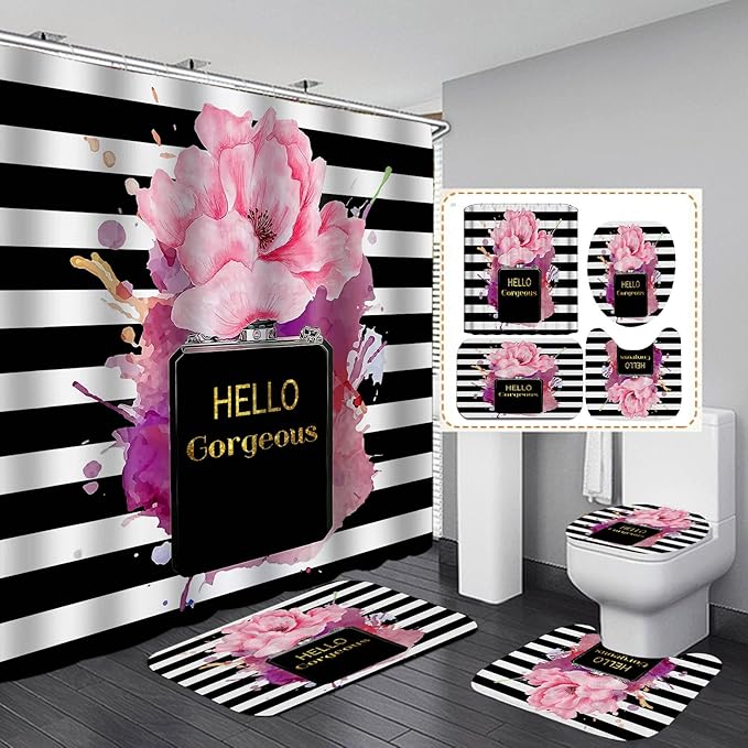 4PCS Gold Glitter Hello Gorgeous Shower Curtain Set, Watercolor Pink Floral Black and White Striped Perfume Makeup Modern Fashion Women Bathroom Decor, Non-Slip Bath Mat Toilet Rug, Hibiscus-Velvo Beauty