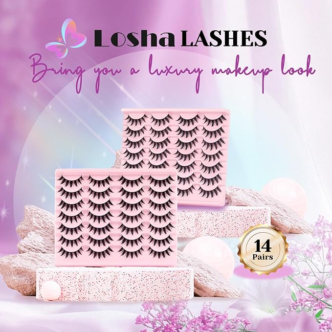 Losha Lashes Spiky Manga Lashes 14 Pairs Anime False Eyelashes 8D Wispy Asian Eye Lashes Pack Natural Soft Fake Eyelashes (Cutes Only)-Velvo Beauty