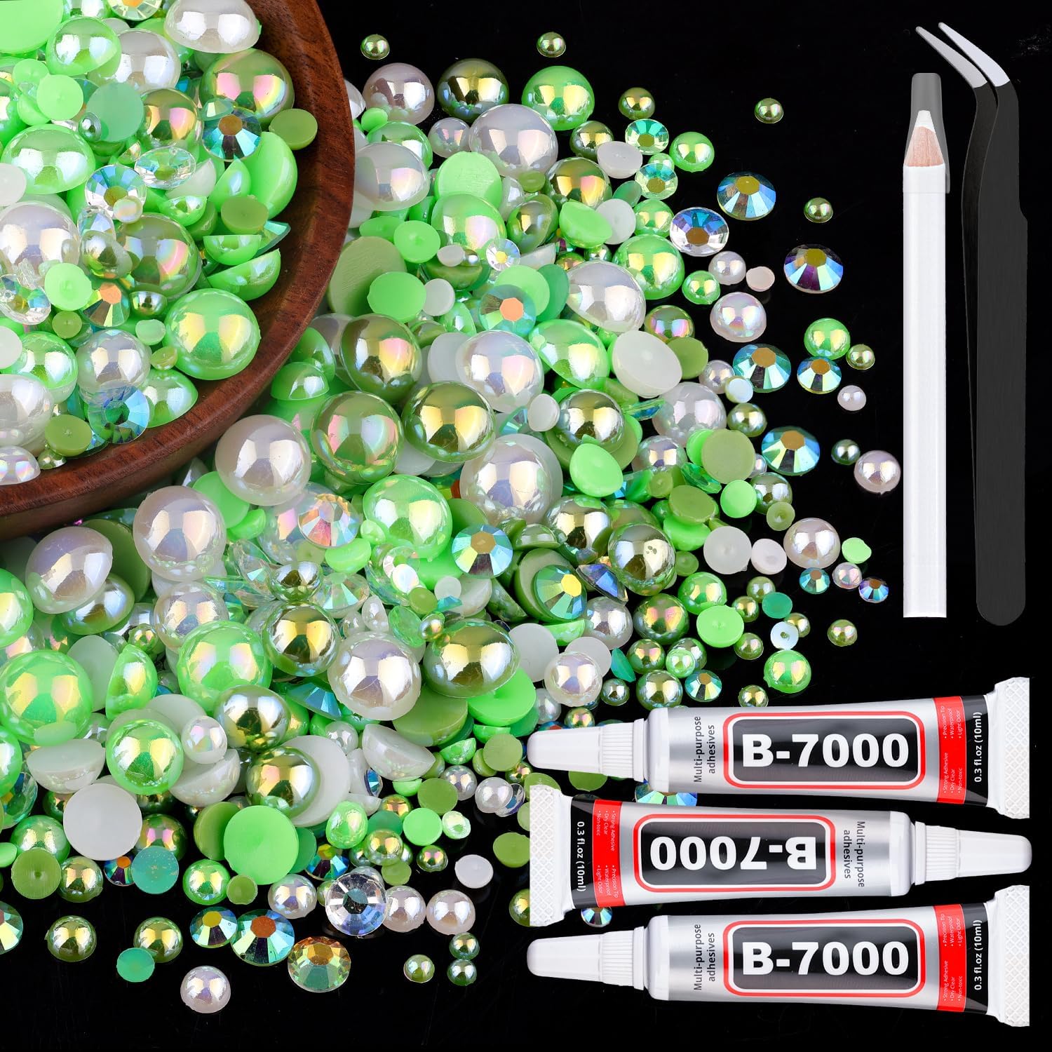 80g Flatback Pearls and Rhinestones for Crafting, Green 3-10mm Resin Rhinestones and Half Pearls for Bedazzling, Nail Art and Dec with 3pcs 10ml B7000 Jewelry Glue, Tweezer and Pickup Pencil-Velvo Beauty