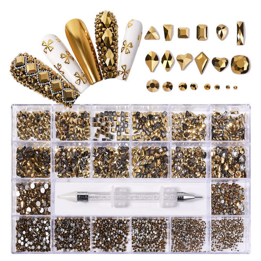 Nail Rhinestones Kit, Nail Art Decorations with Wax Pencil Flat AB Rhinestones Kit DIY Crafts Gemstones for Nail, Shoes, Clothes, Jewels (600 Gold diamonds + 2500 flat rhinestones)-Velvo Beauty