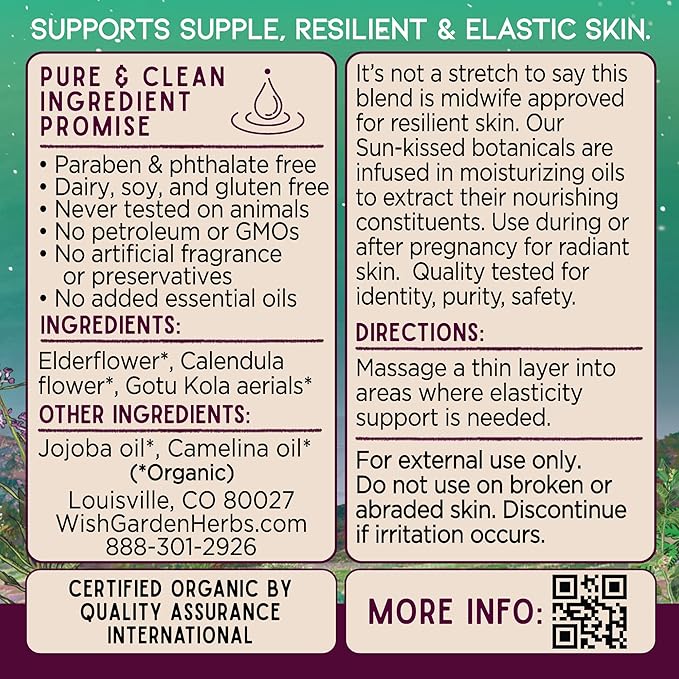 WishGarden Herbs Pregnant Belly Oil - USDA Certified Organic Herbal Oil Infusion with Elderflower, Calendula, Gotu Kola & Jojoba Supports Resilient & Elastic Skin to Prevent Stretch Marks, 2oz-Velvo Beauty