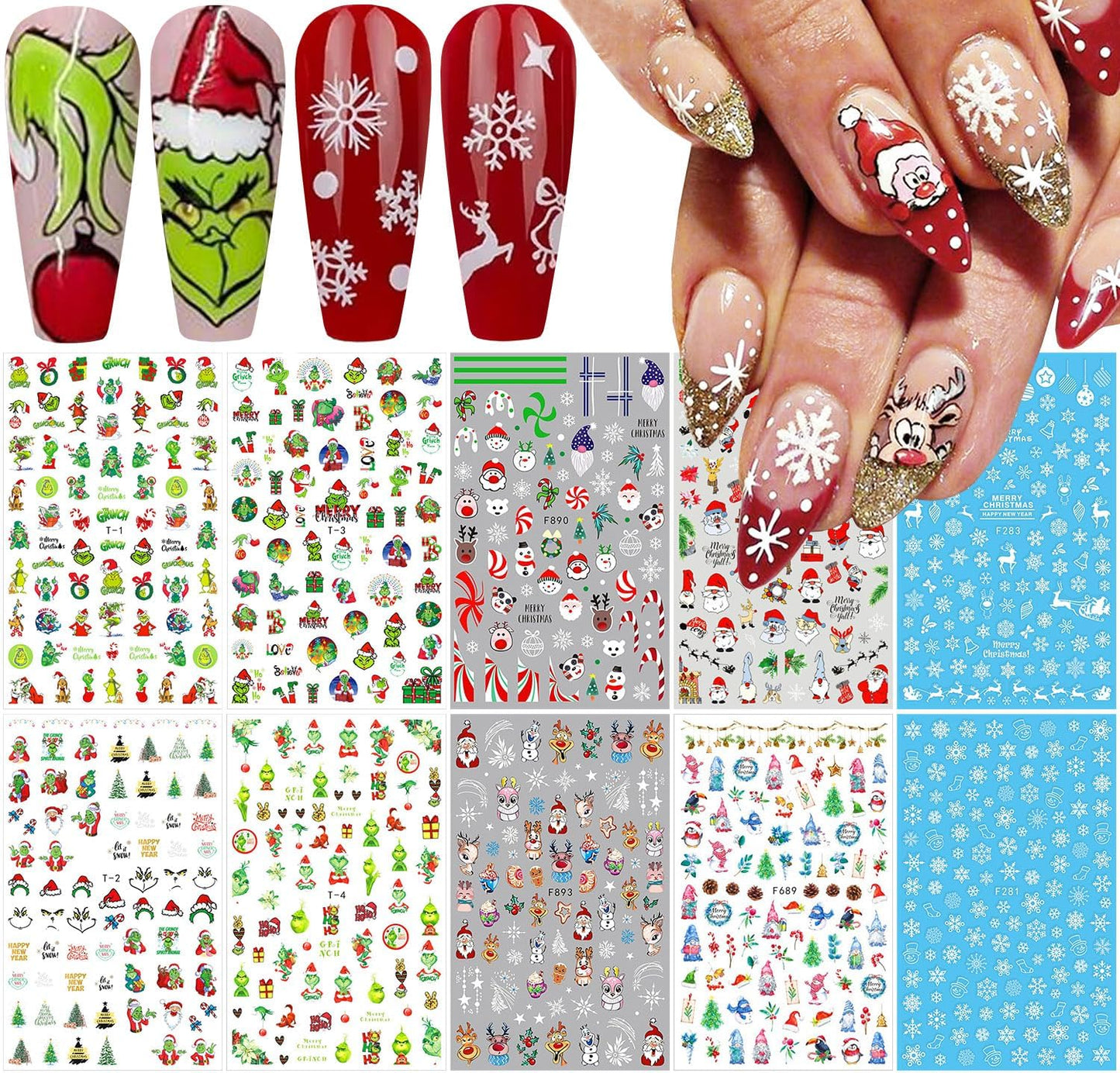 10 Sheets Christmas Nail Stickers 3D Xmas Decals Winter White Snowflake Santa Claus Snowman Bell Reindeer for Women Girls Christmas Designs Decoration Charms-Velvo Beauty