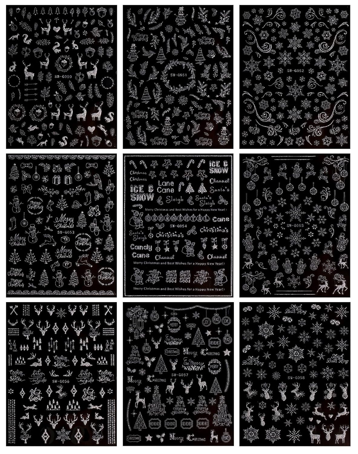 JMEOWIO 9 Sheets Christmas Glitter Nail Art Stickers Decals Self-Adhesive Snowflake Winter Holiday Silver Nail Supplies Nail Art Design Decoration Accessories-Velvo Beauty
