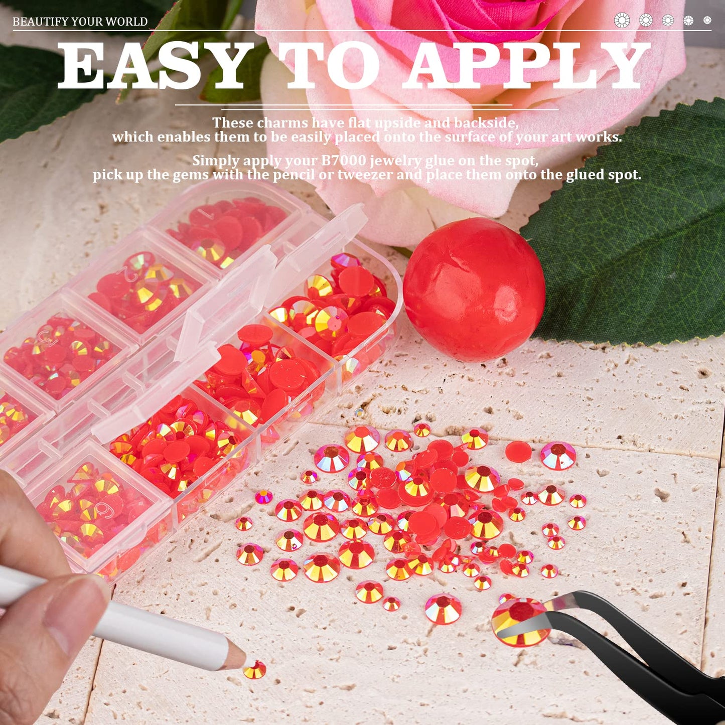 7000PCS Resin Rhinestones with Tweezers for Crafting, 2/3/4/5/6mm Flatback Jelly Rhinestones, 4 Box Red AB Non Hotfix Crystal Gems for DIY Crafts Mugs Tumblers Clothes Makeup Nail-Velvo Beauty