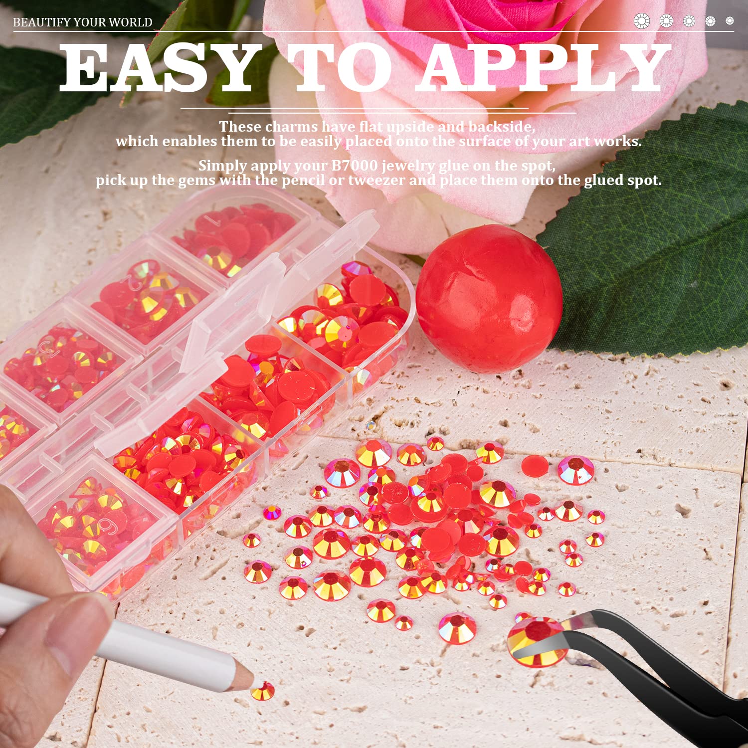 7000PCS Resin Rhinestones with Tweezers for Crafting, 2/3/4/5/6mm Flatback Jelly Rhinestones, 4 Box Red AB Non Hotfix Crystal Gems for DIY Crafts Mugs Tumblers Clothes Makeup Nail-Velvo Beauty