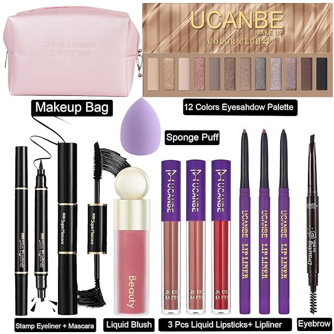 UCANE All In One Makeup Sets For Women, Naked Eyeshadow, Lipsticks, Lipgloss, Mascara, Eyeliner, Eyebrow Pencil, Liquid Blush, Cosmetic Bag, Beauty Gift Kit For Teens-Velvo Beauty