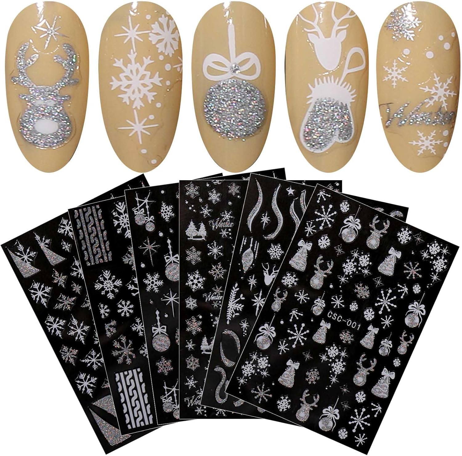 JMEOWIO 8 Sheets Christmas Glitter Nail Art Stickers Decals Self-Adhesive Snowflake Winter Holiday Cute Silver White Nail Supplies Nail Art Design Decoration Accessories-Velvo Beauty