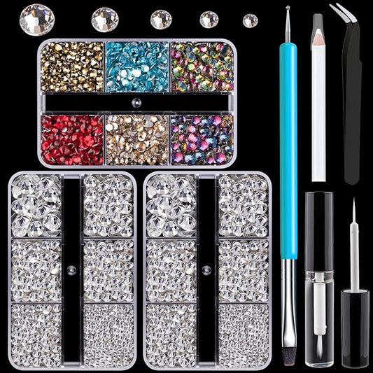 Colorful Face Gems for Makeup Set, Flatback Gorgeous Glass Clear Gems+Mixed-Colored Crystals with Picker Pencil, Makeup Glue, Dual-End Dotting Tool, Tweezer for Eye Body Hair Make-up and Nail Art Deco-Velvo Beauty