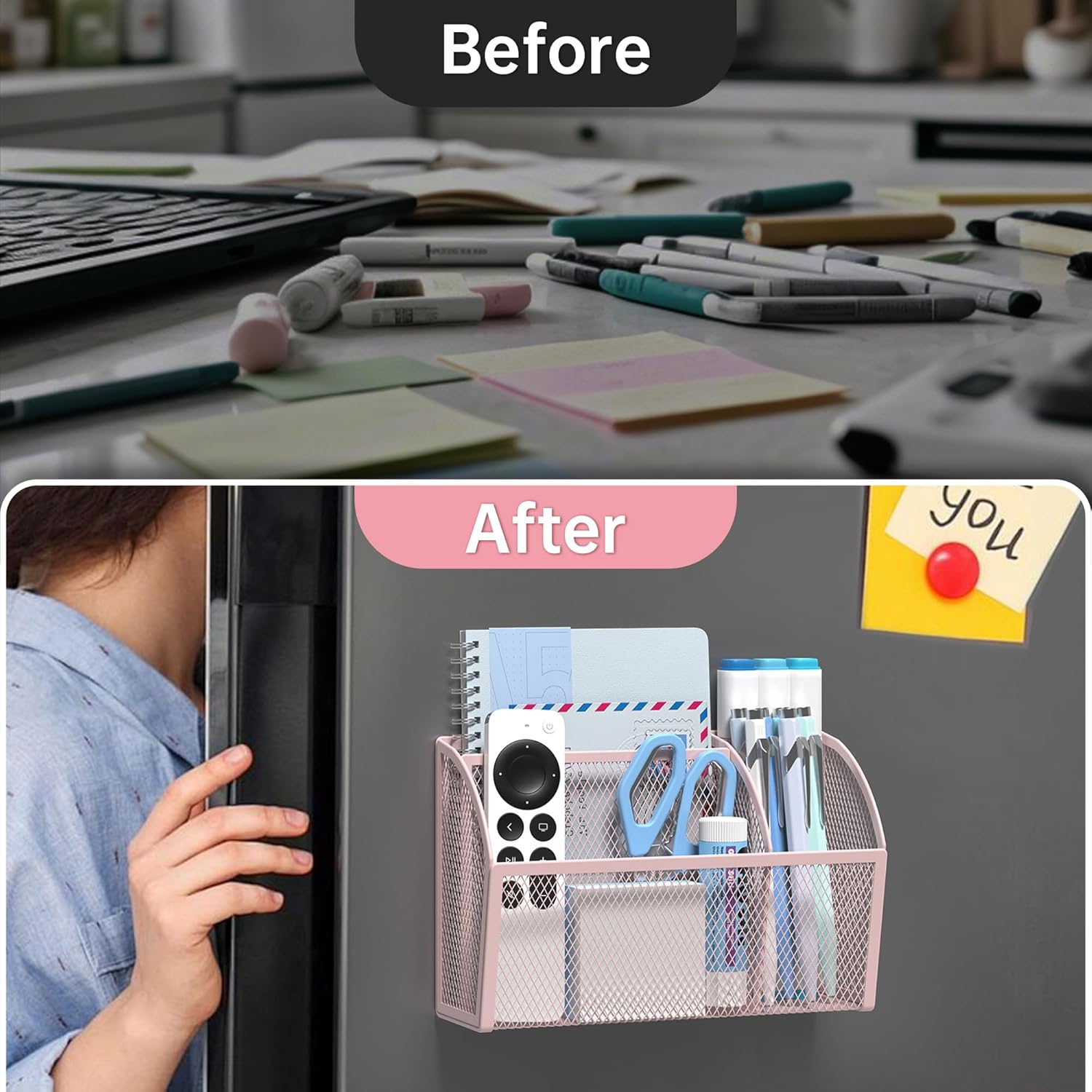 YINGHUA Strong Magnetic Pen Holder for Whiteboard and Refrigerator 3 Compartments Metal Mesh Organizer Space Saving Shelf for Office School Home and Locker - Pink-Velvo Beauty