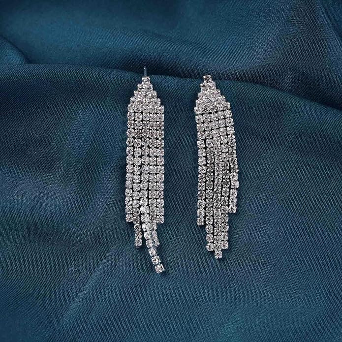 Vintage Rhinestone Chandelier Tassel Earrings Crystal Chain Drop Earrings Gold Long Tennis Chain Earrings Shine Chandelier Bridal Earrings Jewelry for Women-Velvo Beauty