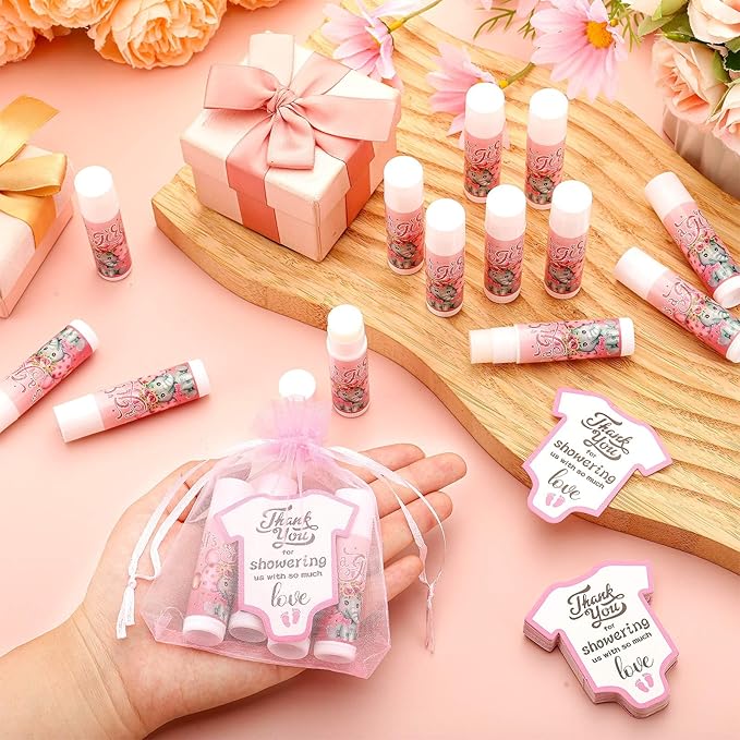 Demissle 50 Pcs Baby Shower Lip Balm Gift Set with 100 Pcs Organza Bags Baby Shower Party Favor for Guest Thank You Tag Rope Baby Shower Party Decoration Gender Reveal Souvenirs(Elephant)-Velvo Beauty