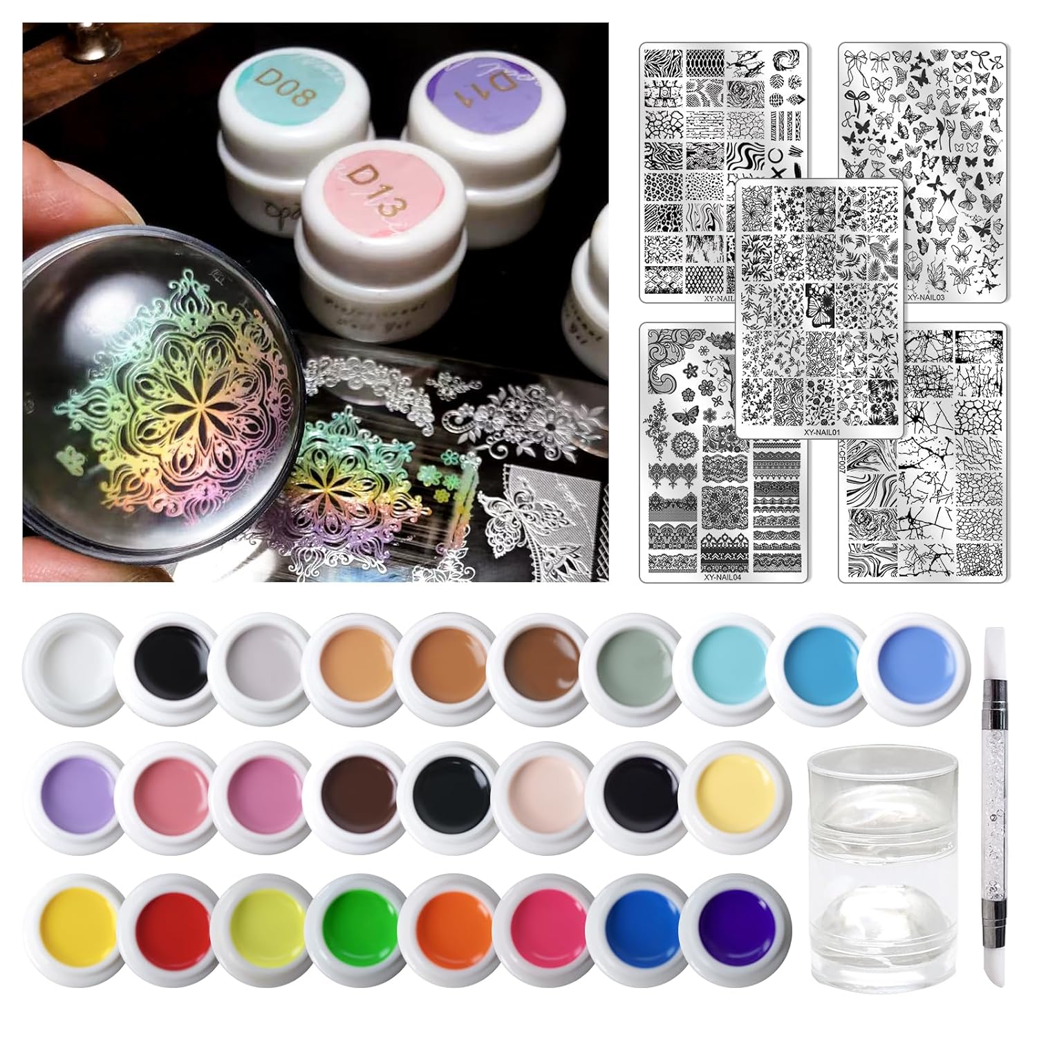Nail Art Stamping Kit - 26 Color Gels with 5 Stainless Steel Plates, Dual-Ended Silicone Stamper & Scraper - DIY Nail Design Set for Beginners and Pros-Velvo Beauty
