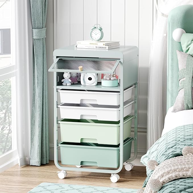 Utility-Rolling-Storage-Drawer-Craft-Cart-Organizers with 4 Drawers & Dust-proof Door for Kid Craft Art Room,Bedroom,Home Office, 4 Tiers Drawer cart, Green-Velvo Beauty