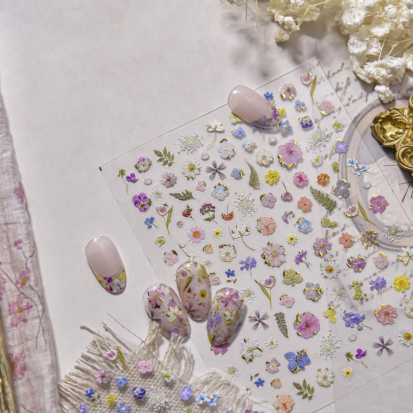 Flowers Nail Art Stickers Colorful Dried Flower Nail Decals 3D Self Adhesive Gold Foil Designs Spring Summer Nail Sticker Daisy Nail Stickers Cute Floral Nail Decal for DIY Nail Art Nails Decor Women-Velvo Beauty