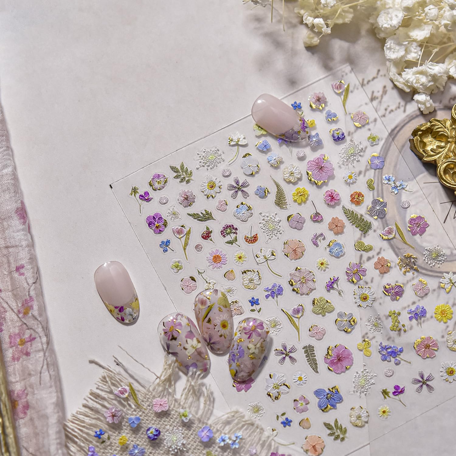 Flowers Nail Art Stickers Colorful Dried Flower Nail Decals 3D Self Adhesive Gold Foil Designs Spring Summer Nail Sticker Daisy Nail Stickers Cute Floral Nail Decal for DIY Nail Art Nails Decor Women-Velvo Beauty