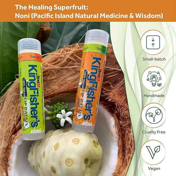 Kingfisher’s Noni Lip Balm, 2-Pack, 100% Natural Ingredients, Noni Original Oil & Virgin Coconut Oil, Ultra Hydrating Lip Balm, Sweet Orange Flavor Lip Care-Velvo Beauty