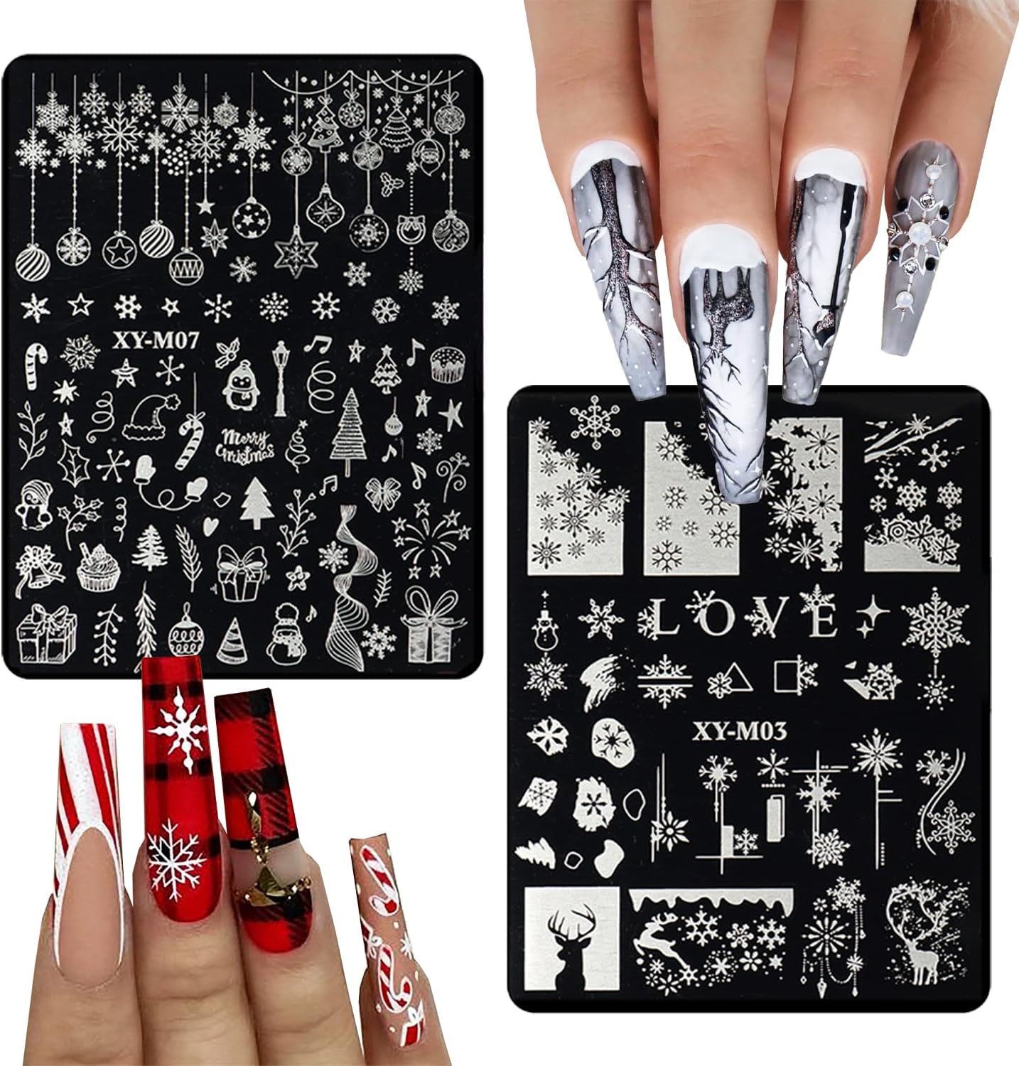 6Pcs Christmas Stamping Plates Set Winter Nail Stamp Kit Xmas Art Image Plates With Snowflakes Tree Bell Snowman Elk Designs DIY Stainless Steel Polish Template-Velvo Beauty
