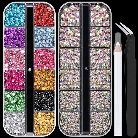 Flat Back Rhinestone Kits Colorful Rhinestones+Crystal AB Gems With Picker Pencil And Tweezer For Home DIY And Professional Nail Art-Velvo Beauty