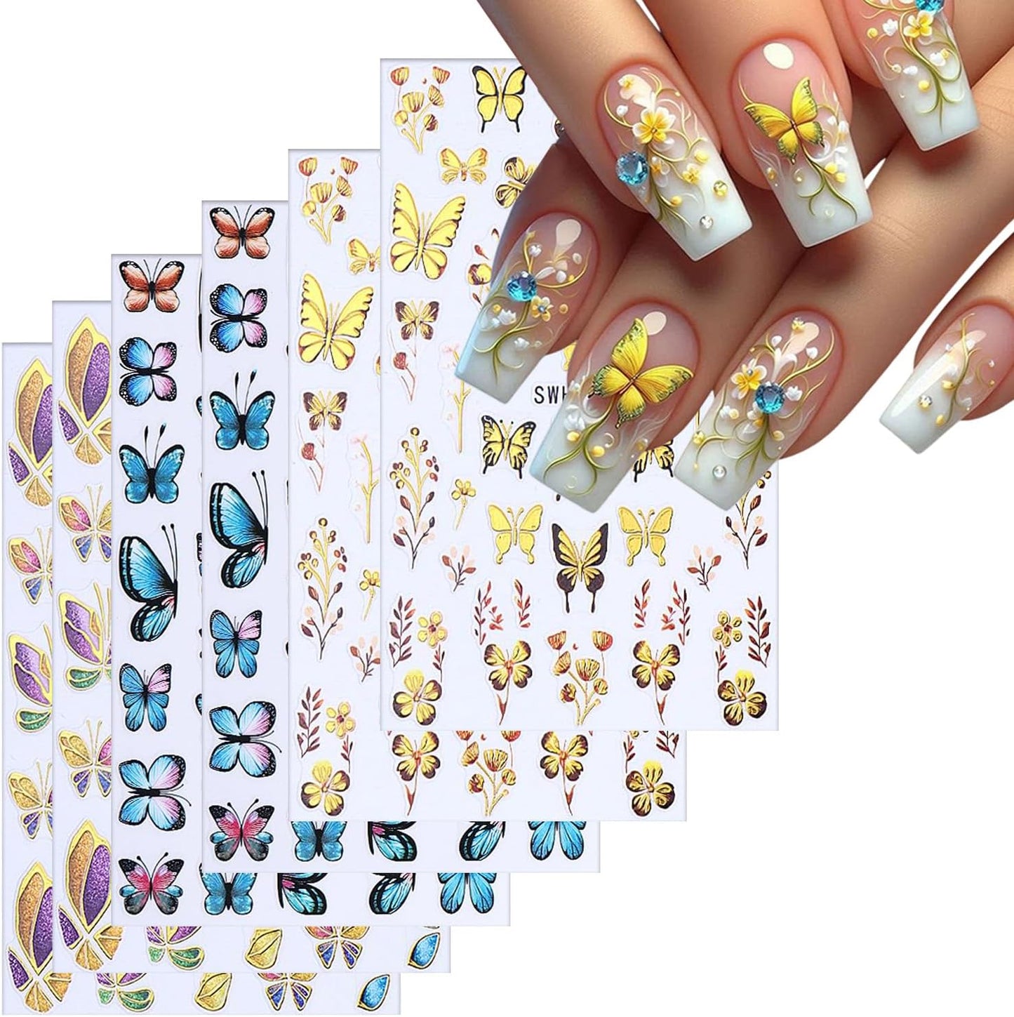 Butterfly Nail Art Stickers Gold Butterflies Nails Art Decals 3D Self-Adhesive Nails Sticker Holographic Spring Decal Decoration for Women Blue Butterfly Manicure Stickers DIY Nail Supplies-Velvo Beauty