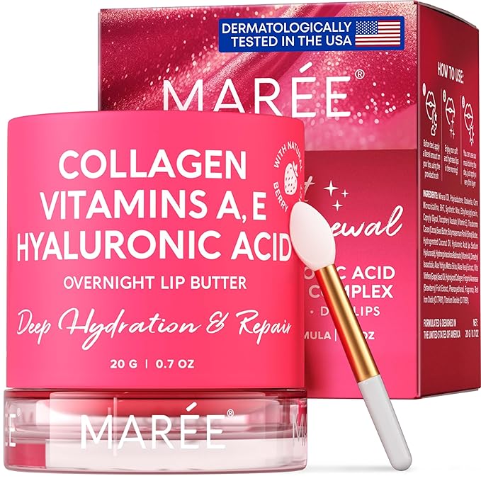 MAREE Lip Mask with Hyaluronic Acid & Coconut Oil - Overnight Collagen Lip Butter to Nourish & Hydrate Dry Cracked Lips - Moisturizer for Skin Care with Shea & Cocoa Butter - Sleeping Lip Butter Balm-Velvo Beauty