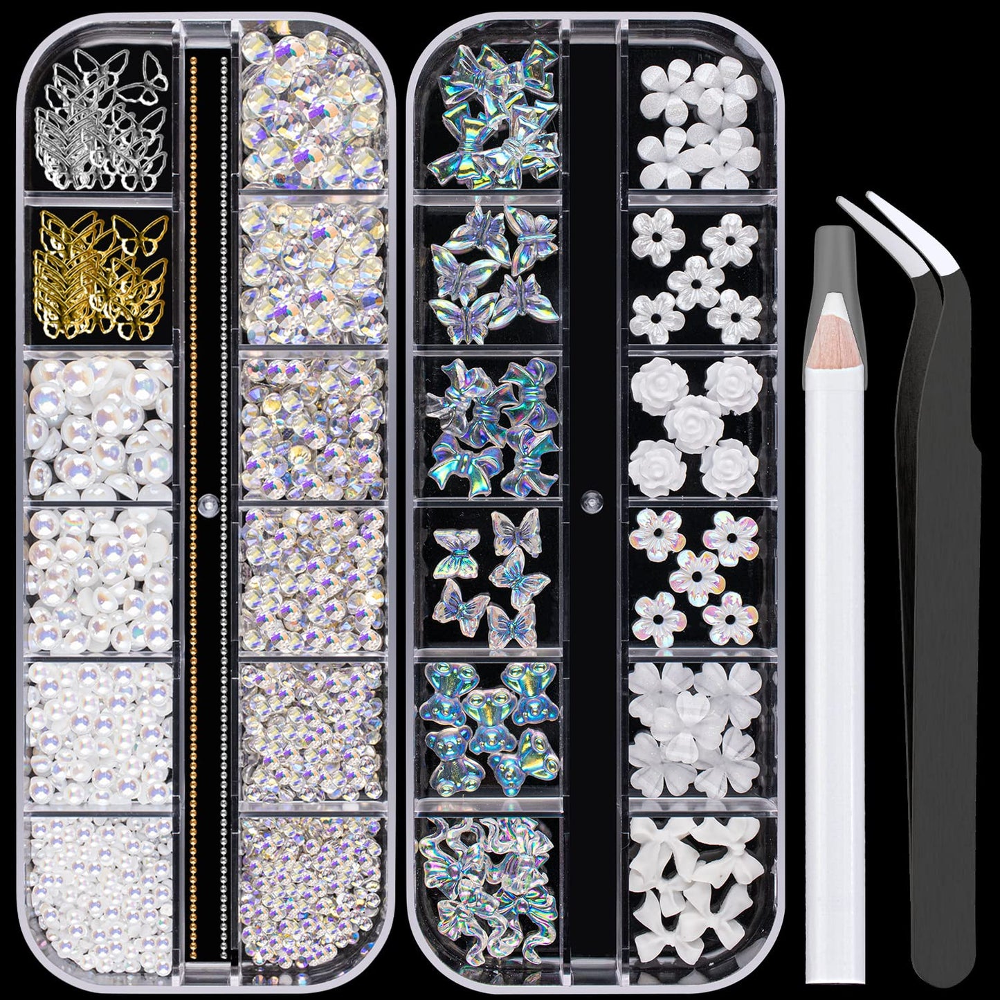 Mixed 3D Nail Art Gem Decoration Accessories Kit #7, Aurora Bear Bow Butterfly Starry AB Rhinestone Charm Jewelry for Deco, Pearl Flower Caviar Bead Stone Crystal with Pickup Pencil and Tweezer-Velvo Beauty