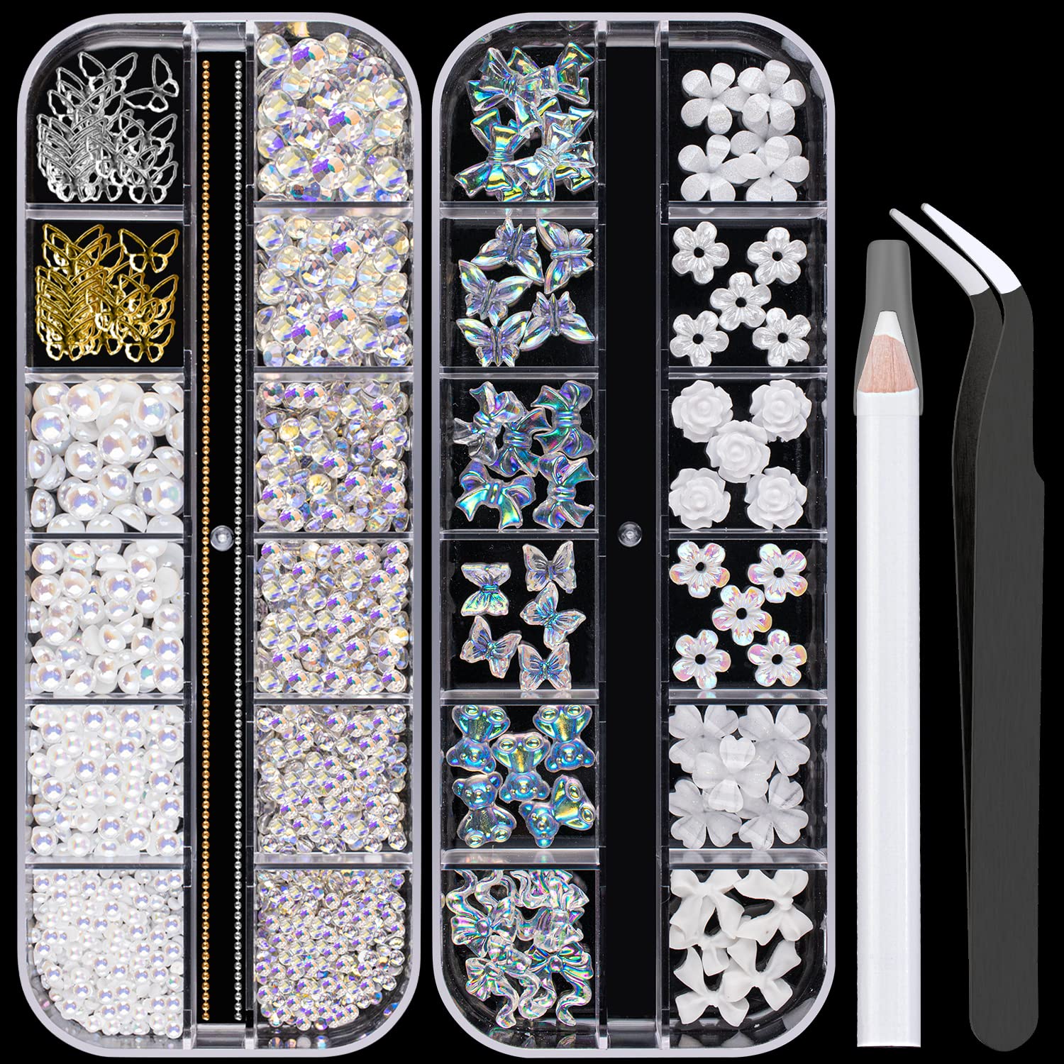 Mixed 3D Nail Art Gem Decoration Accessories Kit #7, Aurora Bear Bow Butterfly Starry AB Rhinestone Charm Jewelry for Deco, Pearl Flower Caviar Bead Stone Crystal with Pickup Pencil and Tweezer-Velvo Beauty