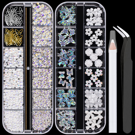 Mixed 3D Nail Art Gem Decoration Accessories Kit #7, Aurora Bear Bow Butterfly Starry AB Rhinestone Charm Jewelry for Deco, Pearl Flower Caviar Bead Stone Crystal with Pickup Pencil and Tweezer-Velvo Beauty