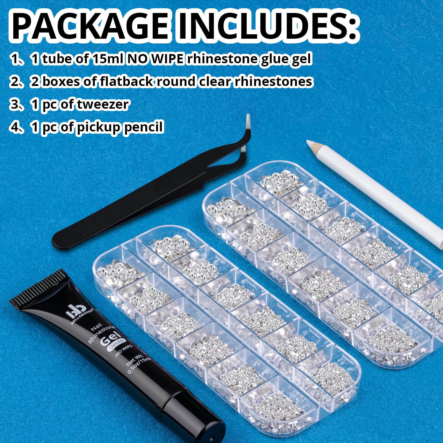 Nail Art Rhinestone Glue Gel&2 Boxes Flatback Gems Kit, 1 Tube of 15ml Rhinestone Gel Glue(UV/LED Needed)+Round Glass Crystal Clear Gemstones with Pickup Tools-Velvo Beauty