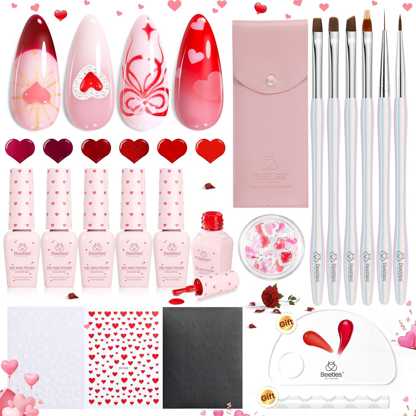 Beetles Red Gel Nail Polish & Nail Art Brushes Set-Heart Desire Multifunctional Nail Brushes Kit for Nail Art with Heart Nail Gems&Nail stickers Manicure Gift for Girls Women-Velvo Beauty