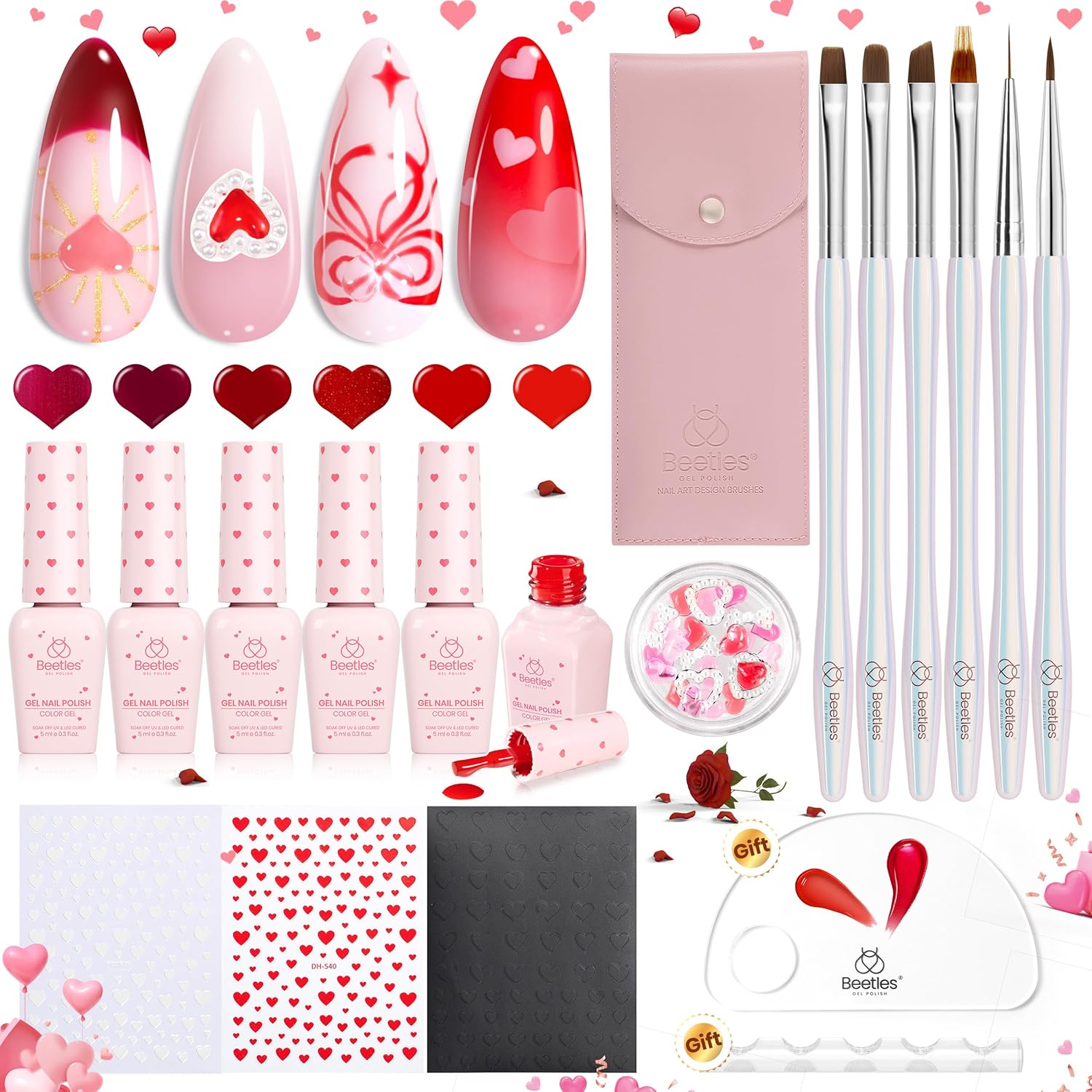 Beetles Red Gel Nail Polish & Nail Art Brushes Set-Heart Desire Multifunctional Nail Brushes Kit for Nail Art with Heart Nail Gems&Nail stickers Manicure Gift for Girls Women-Velvo Beauty