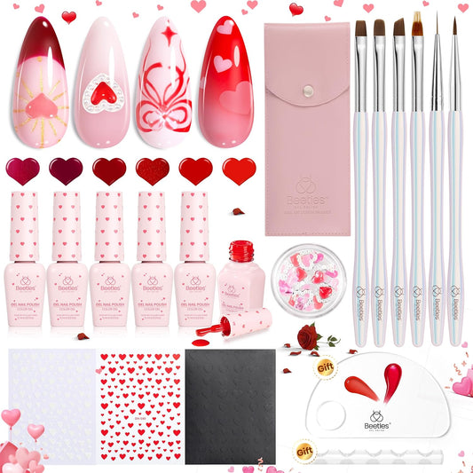 Beetles Red Gel Nail Polish & Nail Art Brushes Set-Heart Desire Multifunctional Nail Brushes Kit for Nail Art with Heart Nail Gems&Nail stickers Manicure Gift for Girls Women-Velvo Beauty