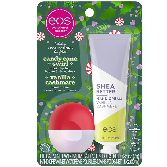EOS Limited Edition Holiday Collection- Candy Cane Swirl Lip Balm & Vanilla Cashmere Hand Cream, 24-Hour Hydration, 2-Pack, Clear-Velvo Beauty
