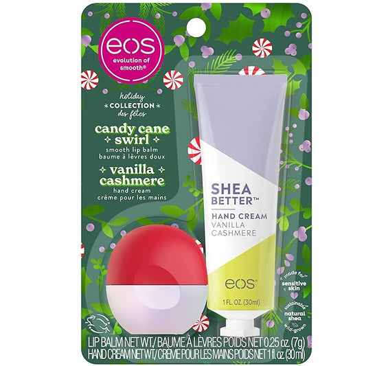 EOS Limited Edition Holiday Collection- Candy Cane Swirl Lip Balm & Vanilla Cashmere Hand Cream, 24-Hour Hydration, 2-Pack, Clear-Velvo Beauty