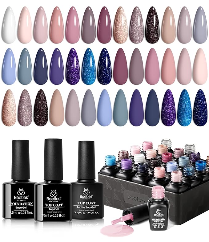 Beetles Gel Nail Polish Kit, 23Pcs Nude Pink Gel Polish White Gray Baby Blue Glitters Nail Polish Set with Glossy Matte Top Coat and Base Coat Fall Winter U V Soak Off Manicure Gift For Women-Velvo Beauty