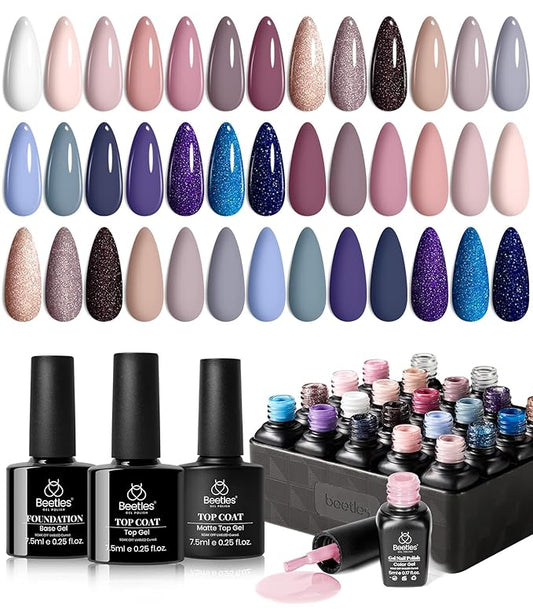Beetles Gel Nail Polish Kit, 23Pcs Nude Pink Gel Polish White Gray Baby Blue Glitters Nail Polish Set with Glossy Matte Top Coat and Base Coat Fall Winter U V Soak Off Manicure Gift For Women-Velvo Beauty