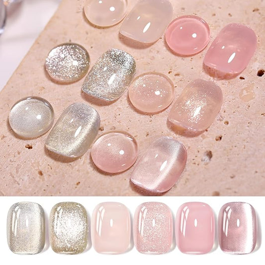 Born Pretty Gel Nail Polish Nude Pink Series,Jelly Transparent,Cat Magnetic Eye,Shimmer Glitter Holographic Nude Pink Gel Polish Kit for Salon Manicure and Nail Art DIY at Home 6Colors-Velvo Beauty