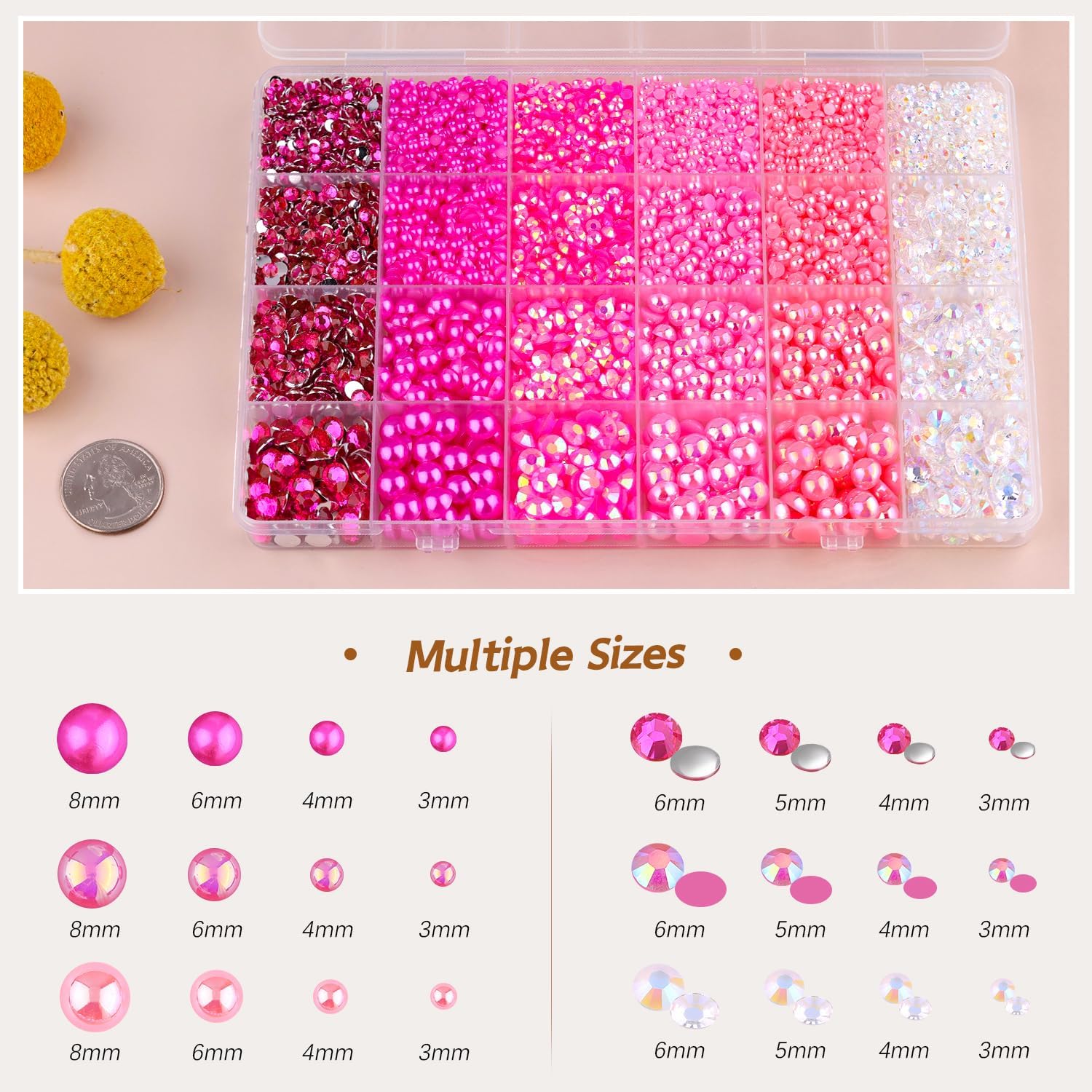 9000PCS Flatback Pearls and Rhinestones for Crafting, Dark Pink Mixed Size 3-10mm Resin Rhinestones and Half Pearls for Bedazzling, Nail Art and Decoration with Tweezer and Pickup Pencil-Velvo Beauty