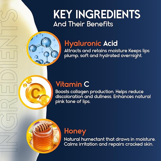 Lip Mask Overnight with Hyaluronic Acid & Collagen, Lip Sleeping Mask for Dry Cracked Lips, Moisturizing, Hydrating, Exfoliating Night Treatment for Lip Care (Peach) (0.7, Honey)-Velvo Beauty