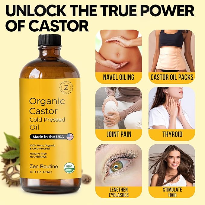 Zen Routine Organic Castor Oil (Glass Bottle - 16oz / 2-Pack) Hexane Free – Hair Growth Oil, Eye Lashes & Stomach, Pure 100% Cold Pressed Unrefined Castor Pack Wrap – USDA Certified, Made in the USA-Velvo Beauty