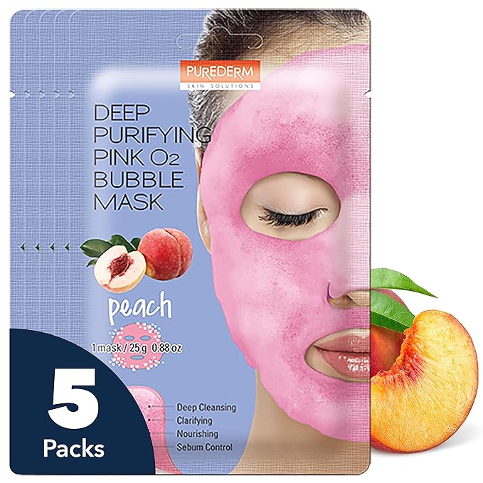 Purederm Deep Purifying Pink O2 Bubble Mask Peach (5 Pack) – Bubble Face Sheet Mask for Purifying & Moisturizing-Velvo Beauty