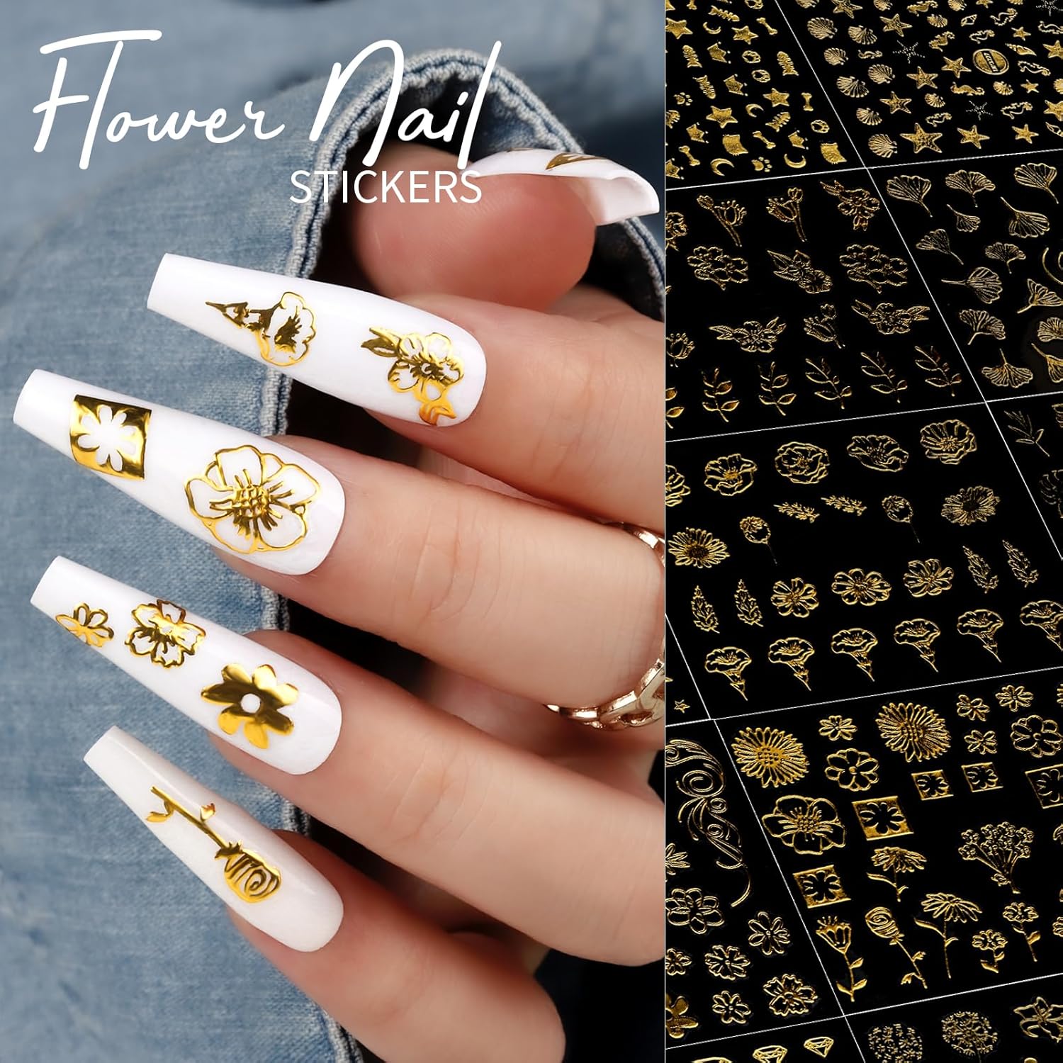 Teenitor 50 Sheets Nail Stickers for Nail Art, Nail Decals Gold Nail Stickers for Kids Women in Fall Winter Halloween Christmas, Nail Decorations-Velvo Beauty