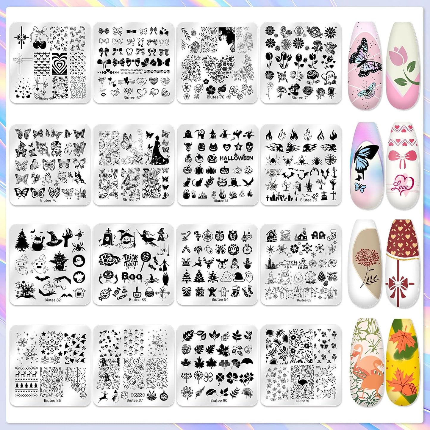 Biutee Nail Stamper Kit 16Pcs Nail Art Stamping Plate 8 Colors Stamp Polish Gel Silicone Stamper Scraper with Storage Bag, Nail Stamp Plates Love Flower Butterfly Leaf Template Halloween Design Gift-Velvo Beauty