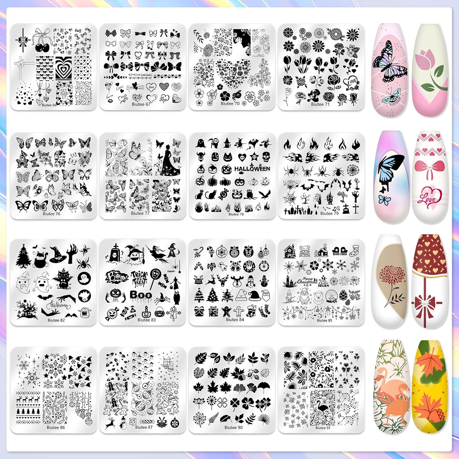 Biutee Nail Stamper Kit 16Pcs Nail Art Stamping Plate 8 Colors Stamp Polish Gel Silicone Stamper Scraper with Storage Bag, Nail Stamp Plates Love Flower Butterfly Leaf Template Halloween Design Gift-Velvo Beauty