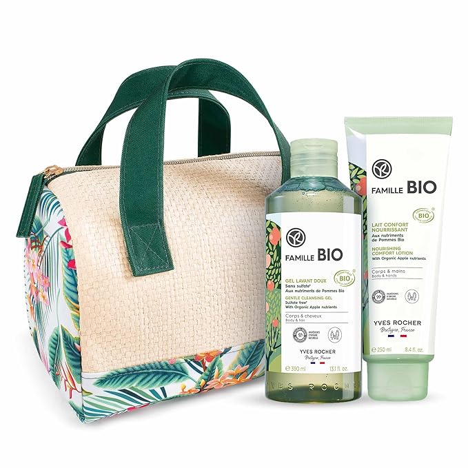 Yves Rocher Famille BIO Organic Cleansing Gel & Nourishing Comfort Milk Gift Set, Includes Vanity Bag, Apple Extract Botanical Formula, Organic Skin Care Products for Kids & Families-Velvo Beauty