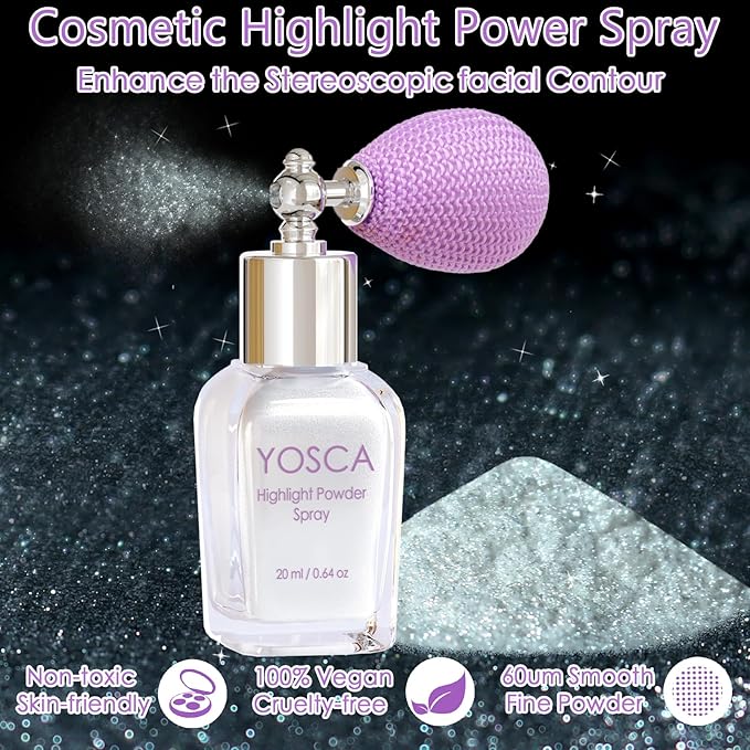 Yosca Highlighter Powder Spray, 20ML Cosmetic Grade Shimmer Powder Diamond Glitter Spray Sparkle Highlighter Makeup Festival Concert Accessorise for Rave Clothes Hair Face Nail Art - Silver Dust-Velvo Beauty