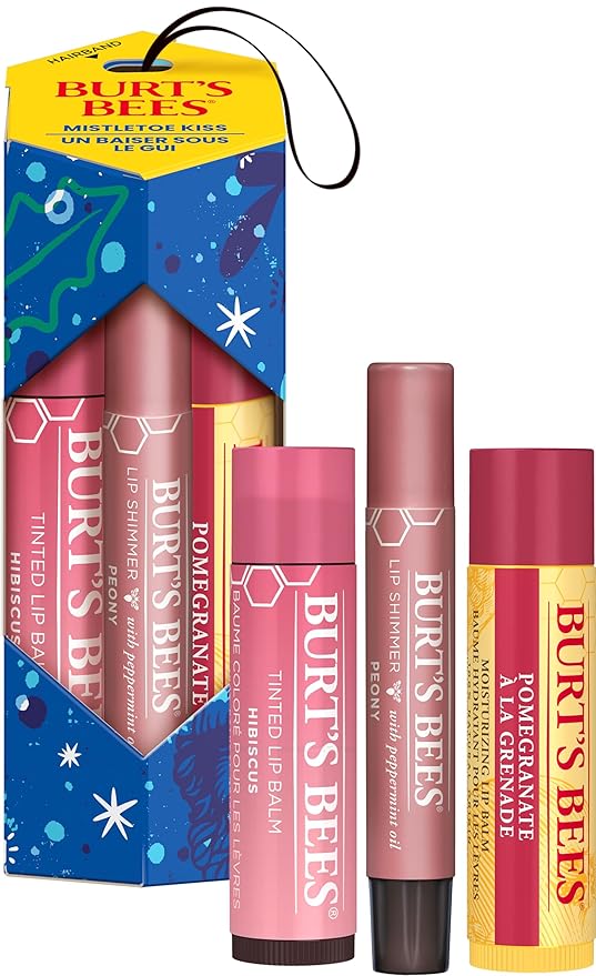 Burt's Bees Mistletoe Kiss Pink, Pomegrante, Peony, Hibiscus Lip Balm and Shimmer Holiday Collection Gift Set of 3-1 Count-Velvo Beauty