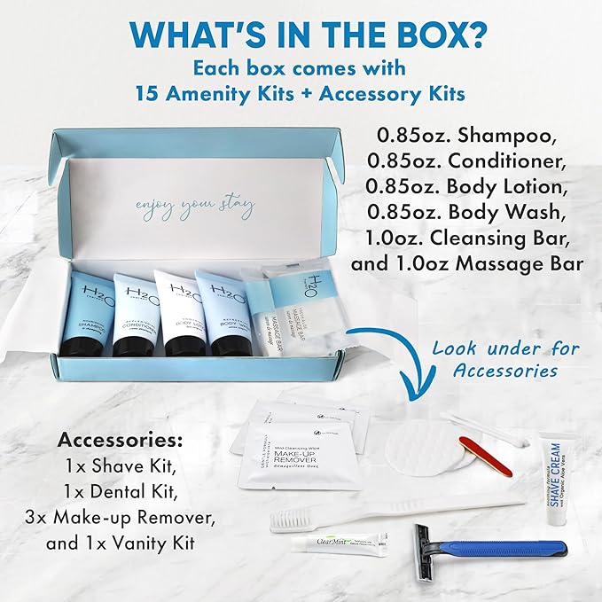 H2O Therapy Amenity & Accessory Kit | 0.85 oz Travel Size Shampoo, Conditioner, Lotion, Body Wash, Massage Bar, Cleansing Bar, Shave & Dental Sets, Make-Up Remover Wipes, & Vanity Kit | 15 sets/case-Velvo Beauty