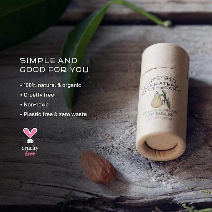 Farmstead Apothecary 100% Natural Lip Balm with Organic Beeswax, Organic Shea Butter & Organic Coconut Oil, Pear & Almond 0.25 oz-Velvo Beauty