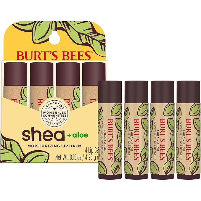 Burt's Bees Lip Balm Mothers Day Gifts for Mom - Shea and Aloe Lip Moisturizer With Responsibly Sourced Beeswax, Tint-Free, Natural Origin Conditioning Lip Treatment, 4 Tubes, 0.15 oz.-Velvo Beauty